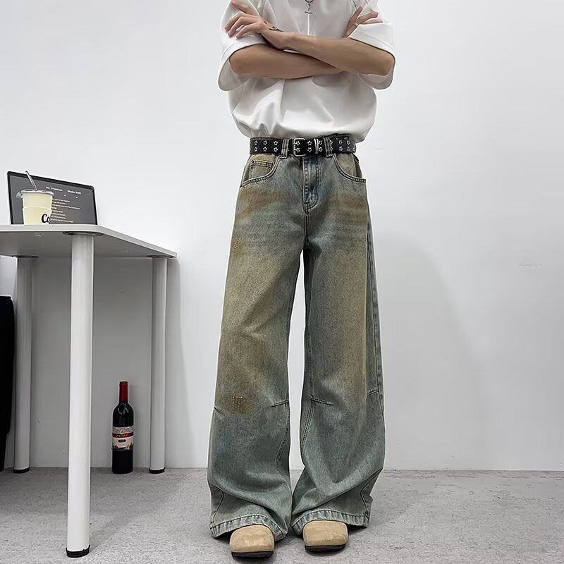 Vintage Distressed Dirty Blue Wide Leg Jeans - Premium Japanese Denim