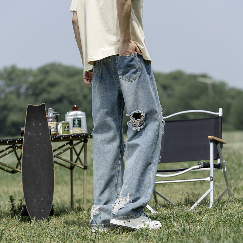 Premium Loose Straight Leg Wide Leg Long Pants - Blue Denim