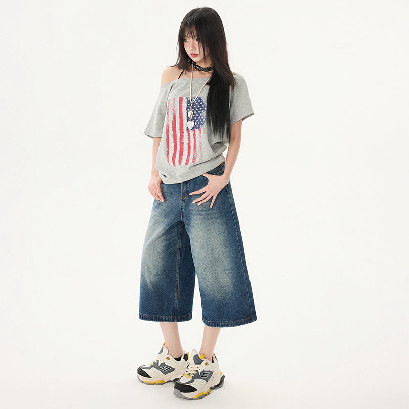 Women's Washed Seven-Quarter Denim Pants - Loose Straight Wide-Leg Mid-Length Trousers