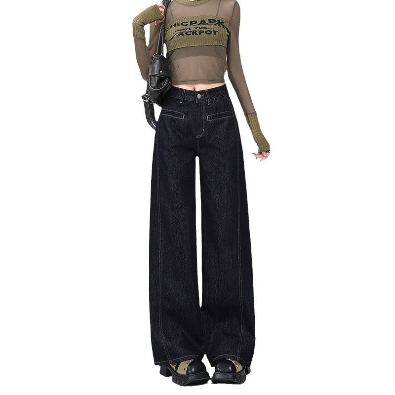 Dark Blue Wide-Leg Jeans for Women - High-Waist Tencel Loose Drape Pants