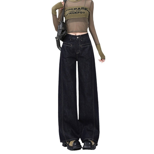 Dark Blue Wide-Leg Jeans for Women - High-Waist Tencel Loose Drape Pants