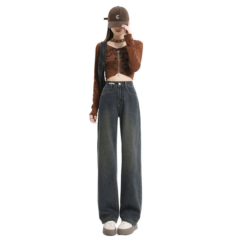 Women's High-Waist Washed Vintage Cement Grey Straight Pants