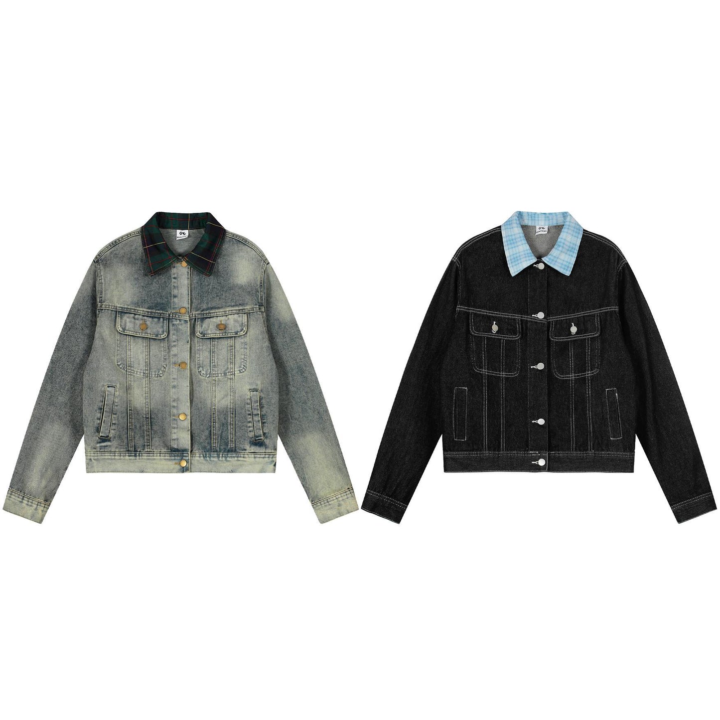 Vintage Patchwork Plaid Lapel Denim Jacket