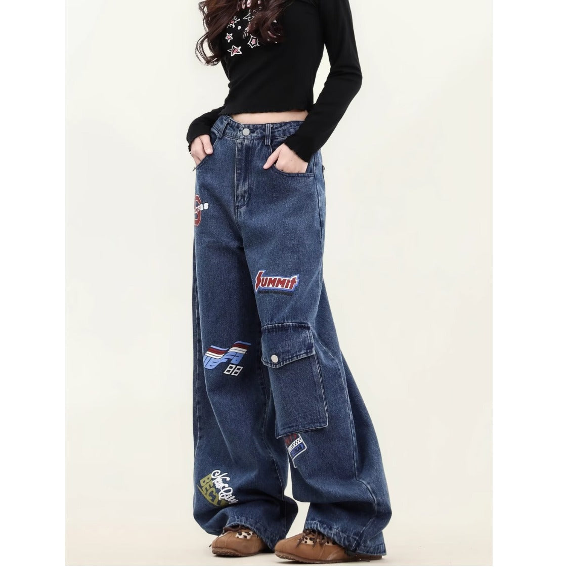 Design Sense Embroidery Patch Denim Pants - Unisex Loose Fit Multi-Pocket Trousers