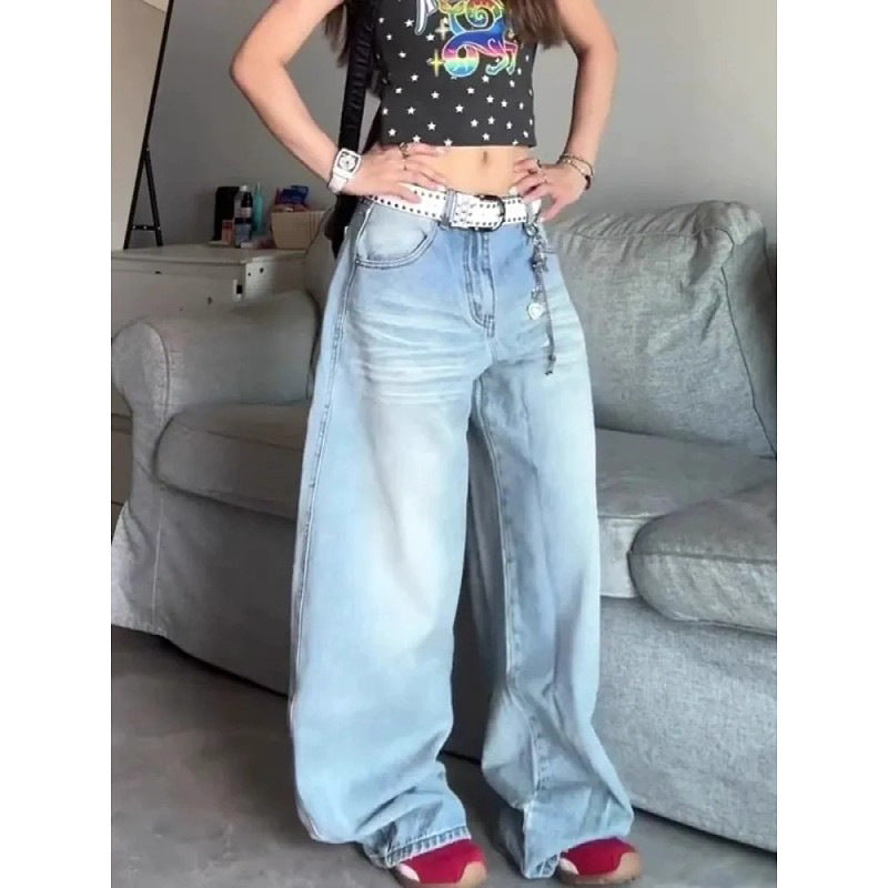 Sweet Cool Embroidered Denim Pants for Women - Loose Wide-Leg Design