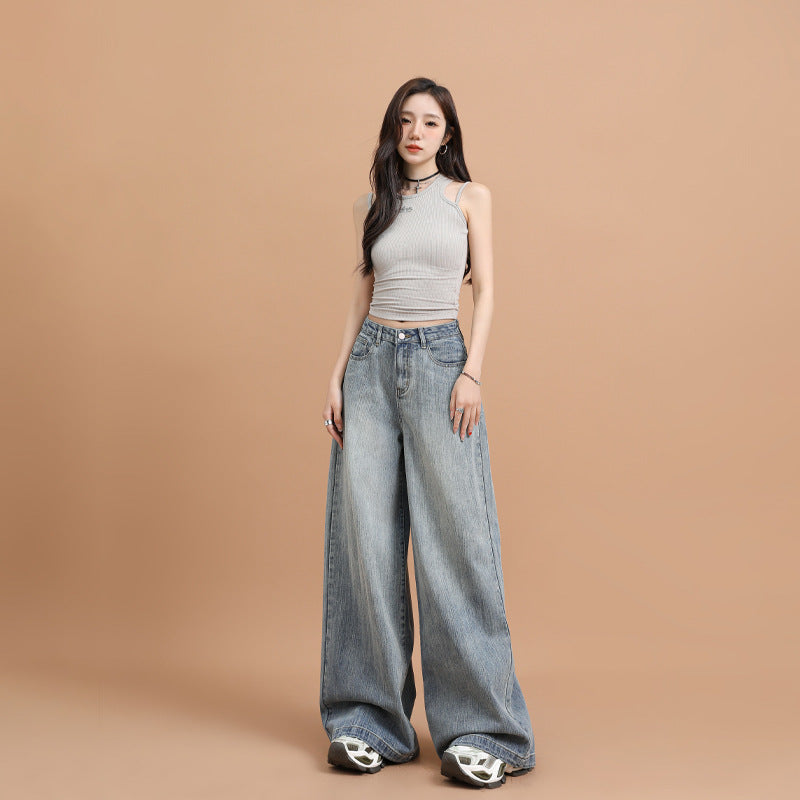 Bamboo Knot Pattern Loose Wide Leg Denim Pants for Women – Retro Straight Trousers