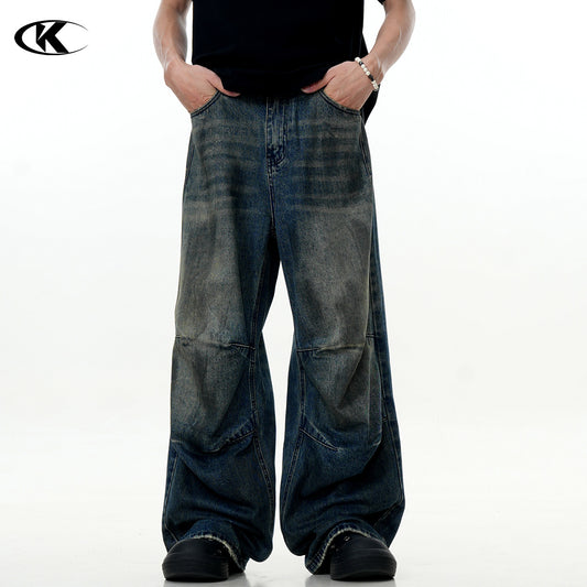 Distressed Pleated Denim Pants for Men and Women - Casual Wide-Leg Design