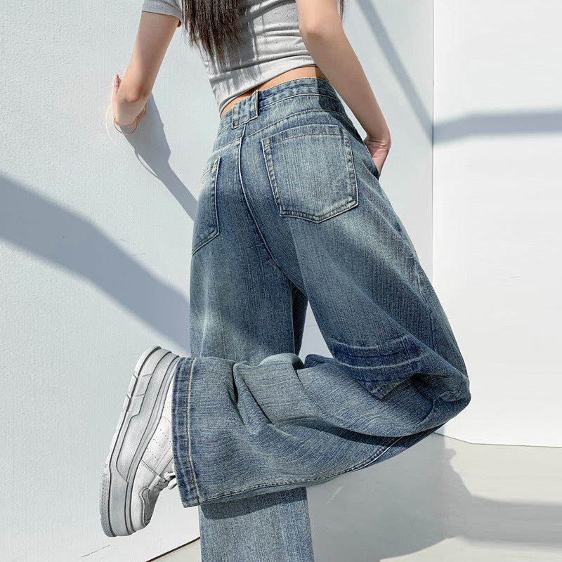 Retro Washed Slub Deconstructed Tapered Denim Pants for Women
