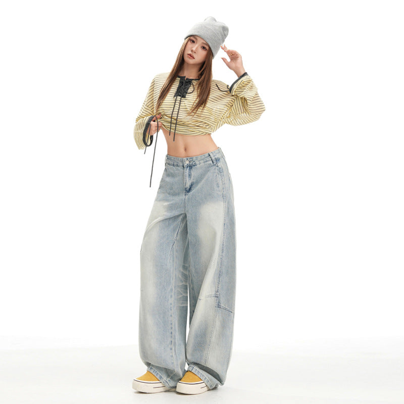 Retro Slouchy Denim Pants for Women - Loose, Flowy Patchwork Design