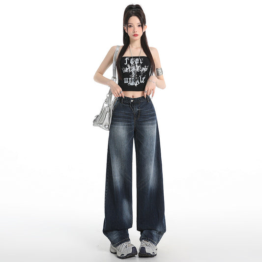 Retro Washed Cat Whisker Wide Leg Jeans for Women - Unique Vintage Design