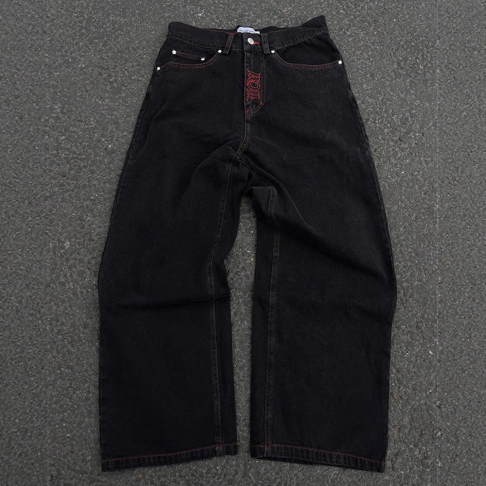 Retro Hip-Hop Goth Skeleton Embroidered Wide Leg Denim Jeans for Men