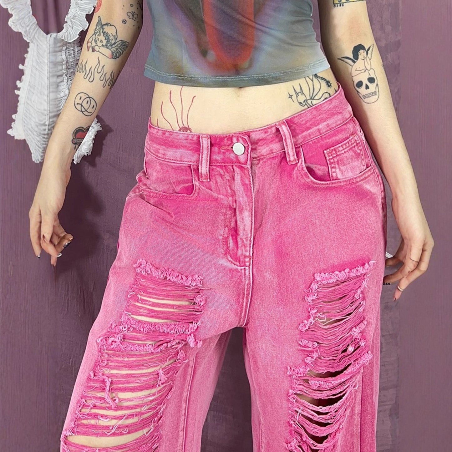 Perforated Hollowed Out Low Waisted Jeans for Women