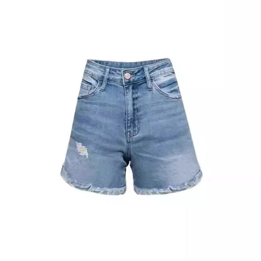 Hand-Worn Pleated Light Blue Loose Denim Shorts