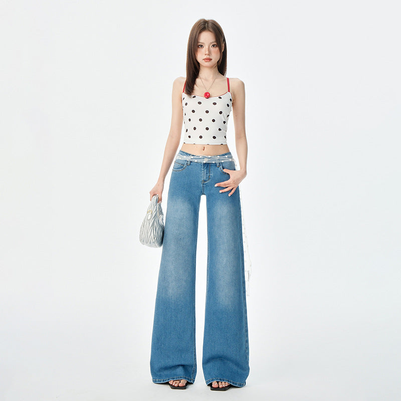 Women's Blue Low-Waist Jeans - Summer Loose Slimming Drape Bell-Bottom Pants