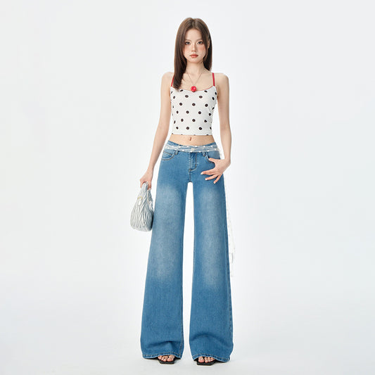Women's Blue Low-Waist Jeans - Summer Loose Slimming Drape Bell-Bottom Pants