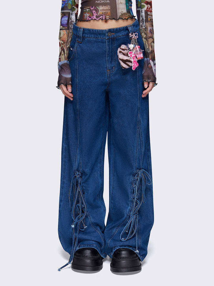 Premium Japanese Denim Wide Leg Pants with Lace-Up Detail