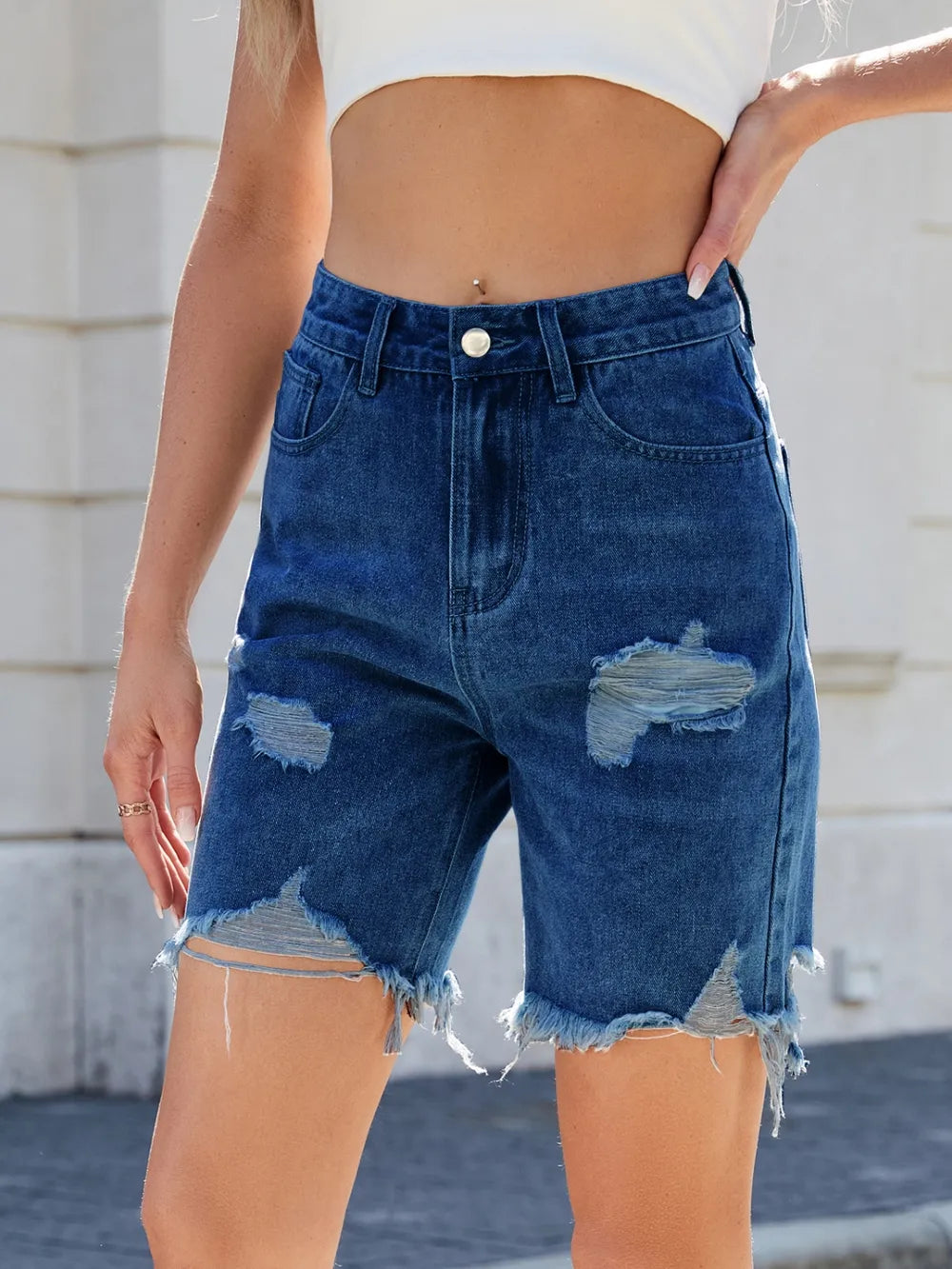 Distressed Raw Hem Denim Shorts - Premium Japanese Denim