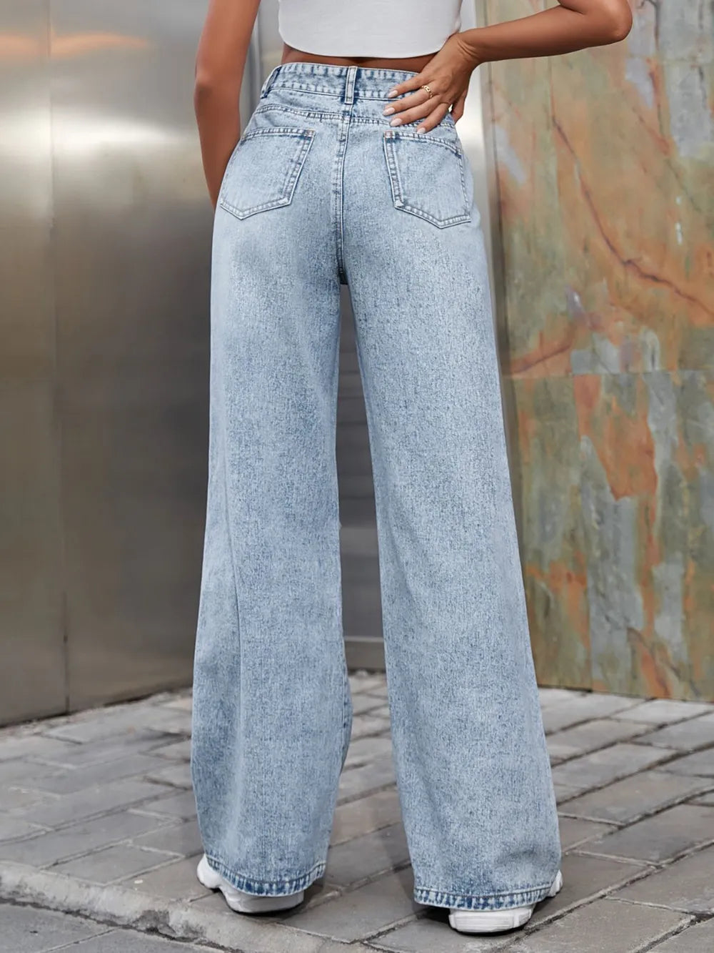 Distressed Wide Leg Jeans with Pockets - Premium Japanese Denim