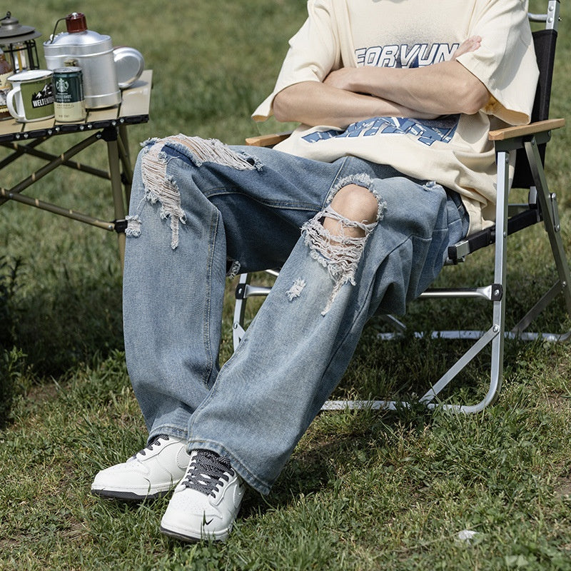 Premium Loose Straight Leg Wide Leg Long Pants - Blue Denim