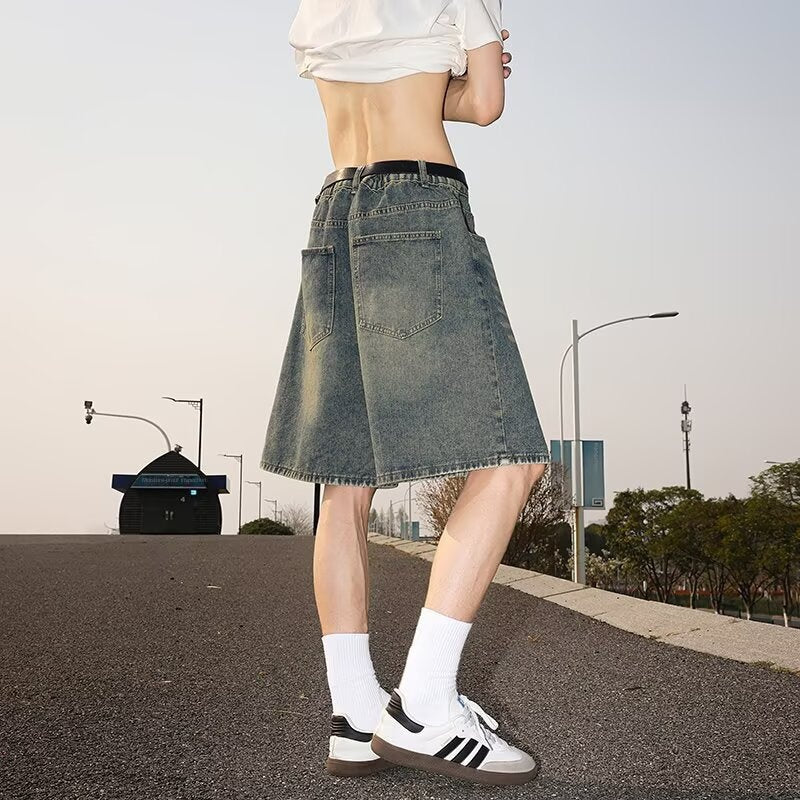 Washed and Worn Semi-Elastic Waist Denim Shorts