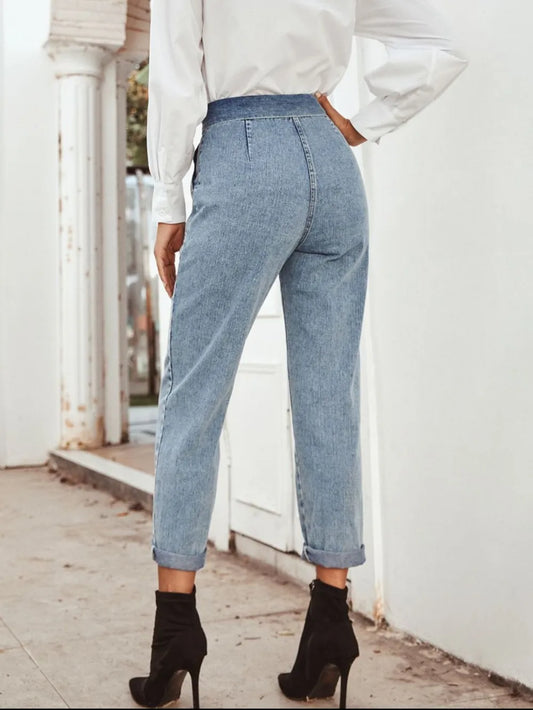 Fashionable High Waist Slimming Straight Leg Denim Pants