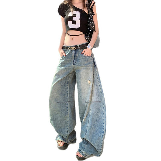 Unique Street Style Scythe Denim Pants for Women - Slimming Distressed Wide-Leg Trousers