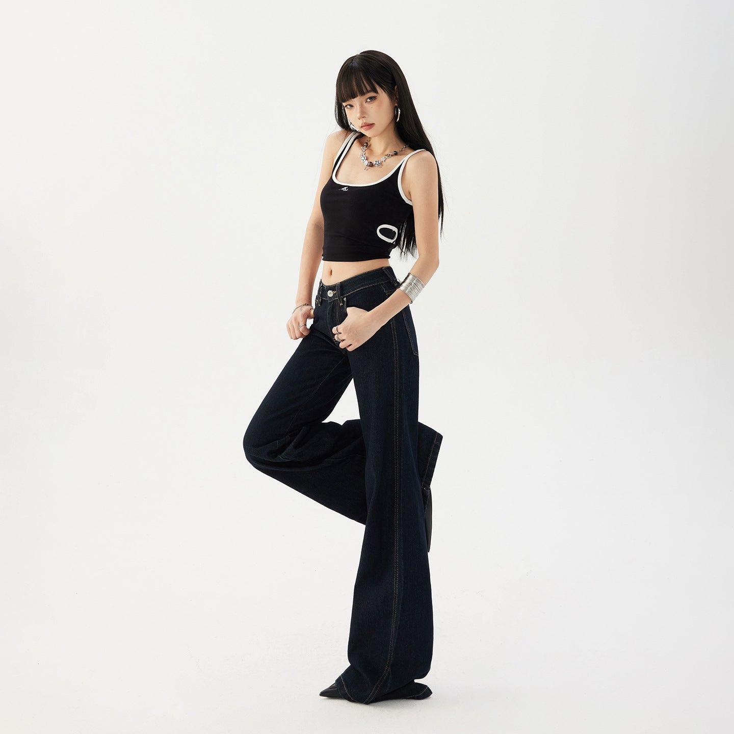 Women's Flared Denim Pants - Deep Blue Slimming Drape Casual Hoof Bell-Bottom Trousers