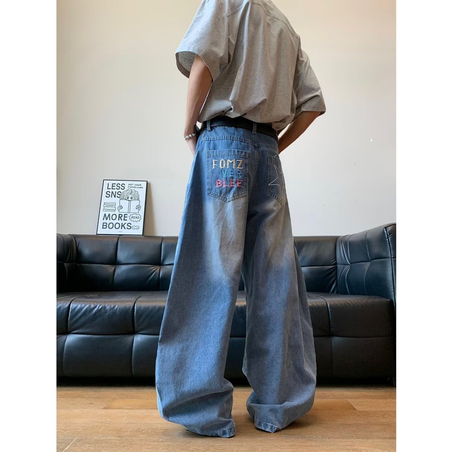 Retro Star Embroidered Curved Knife Jeans for Men