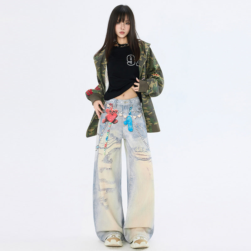 Graffiti Heart Bear Chain Curved Knife Pants - High Street Loose Wide Leg Jeans for Women