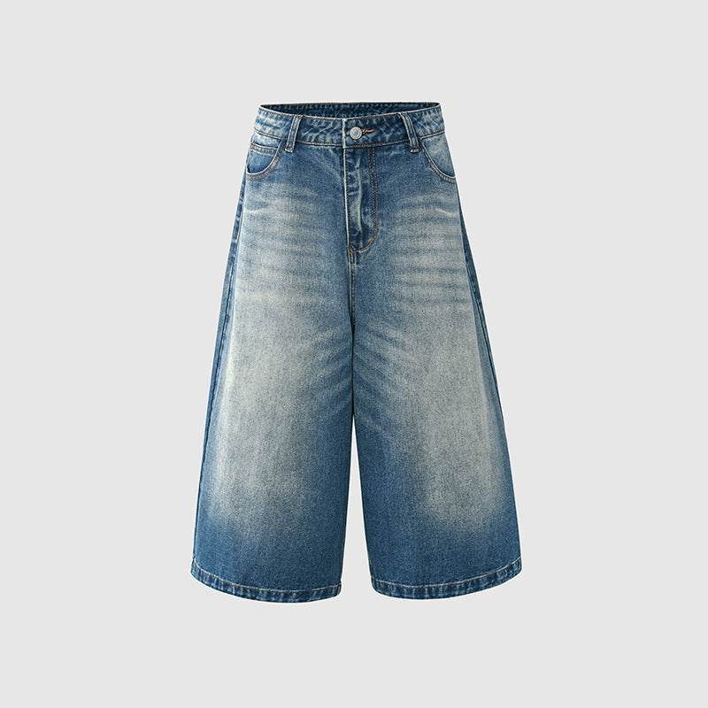 Women's Washed Seven-Quarter Denim Pants - Loose Straight Wide-Leg Mid-Length Trousers