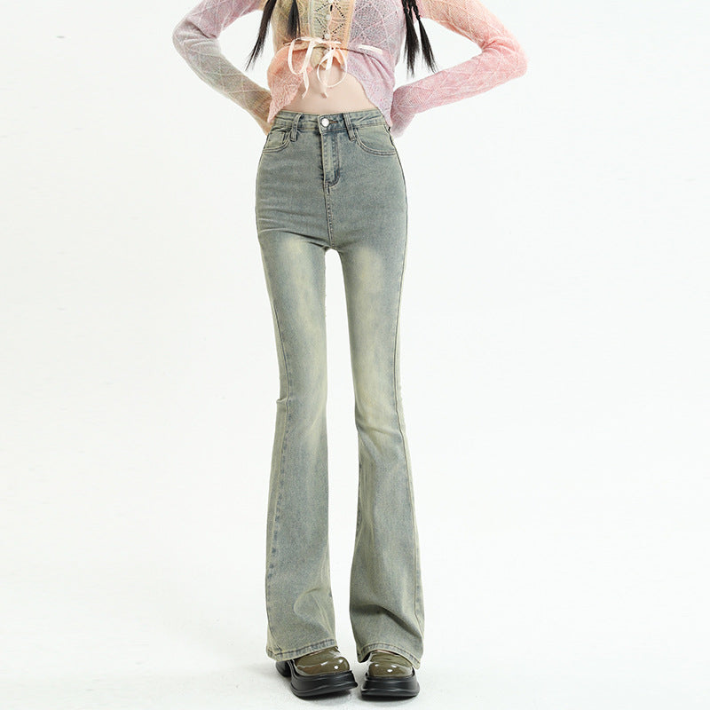 Flared Denim Pants for Women - Mud Yellow Color - High Waist & Elastic
