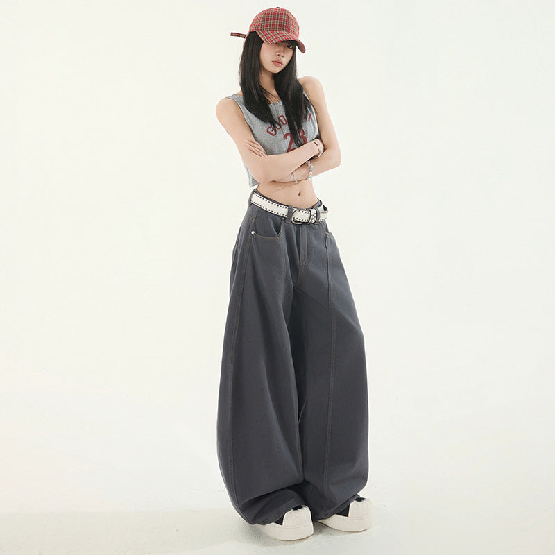 Women's Deep Gray Loose Wide-Leg Work Pants with Splicing and Knife-Edge Design