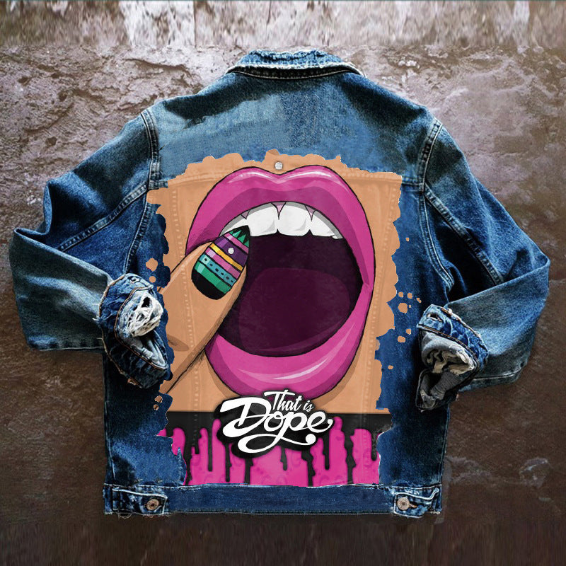 Women's Autumn Hot Selling Street Style Denim Jacket with Tongue Out Print