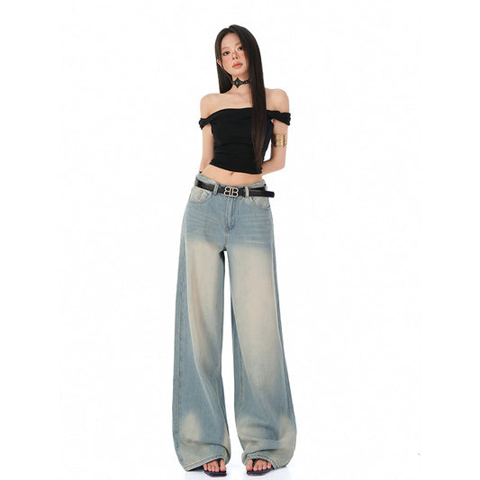 Tencel Wide-Leg Jeans for Women - Retro Vintage Loose Straight Denim Pants