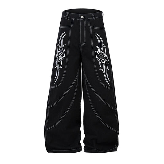 Wide Leg Long Pants with Thorns Embroidery - Unisex Trendy Denim