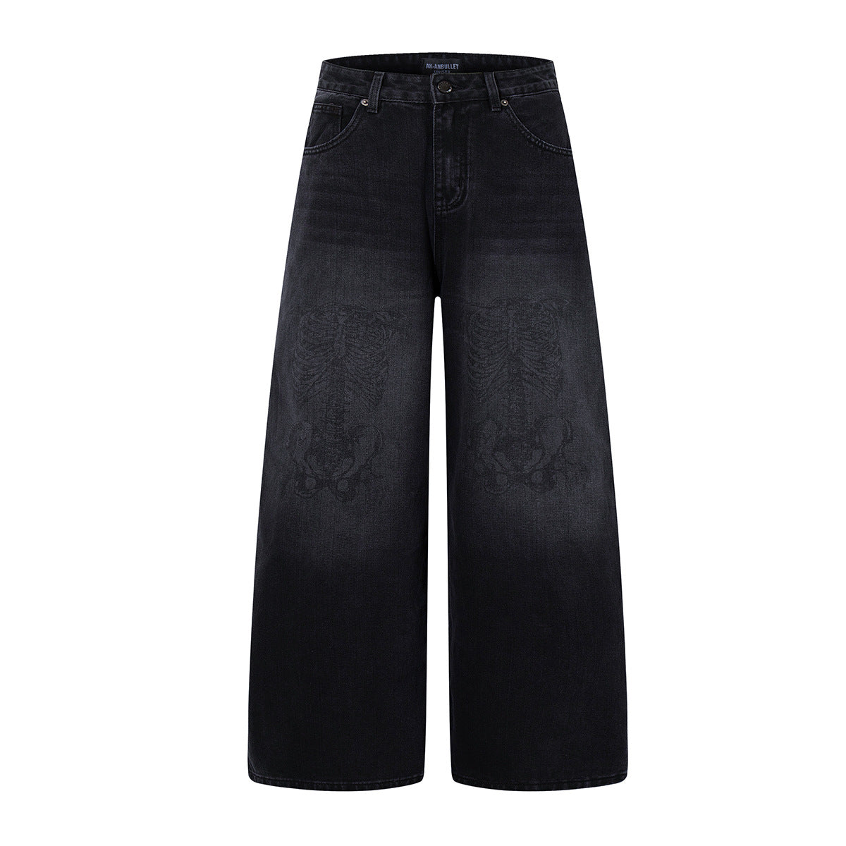 Skeleton Print Washed Denim Jeans Wide Leg Pants