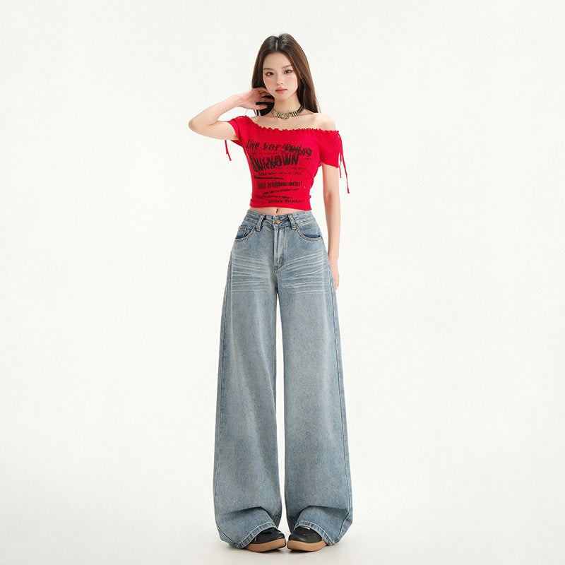 Women's Wide Leg Jeans - Loose Drape Washed Straight Leg Floor Length Pants