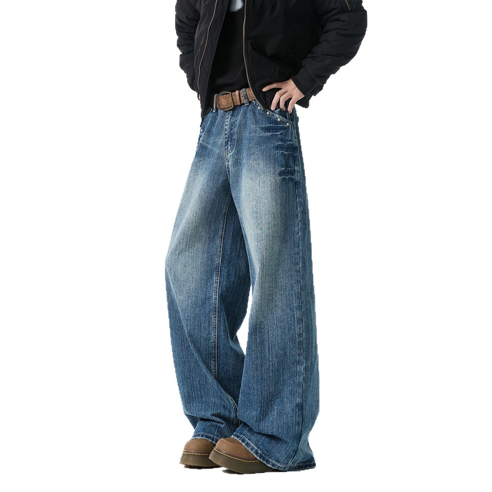 Retro Washed Denim Men's Straight Leg Loose Rivet Pants