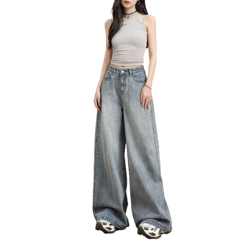 Bamboo Knot Pattern Loose Wide Leg Denim Pants for Women – Retro Straight Trousers