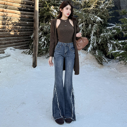 Women's High Waist Flared Denim Pants - Retro Elastic Skinny Trousers