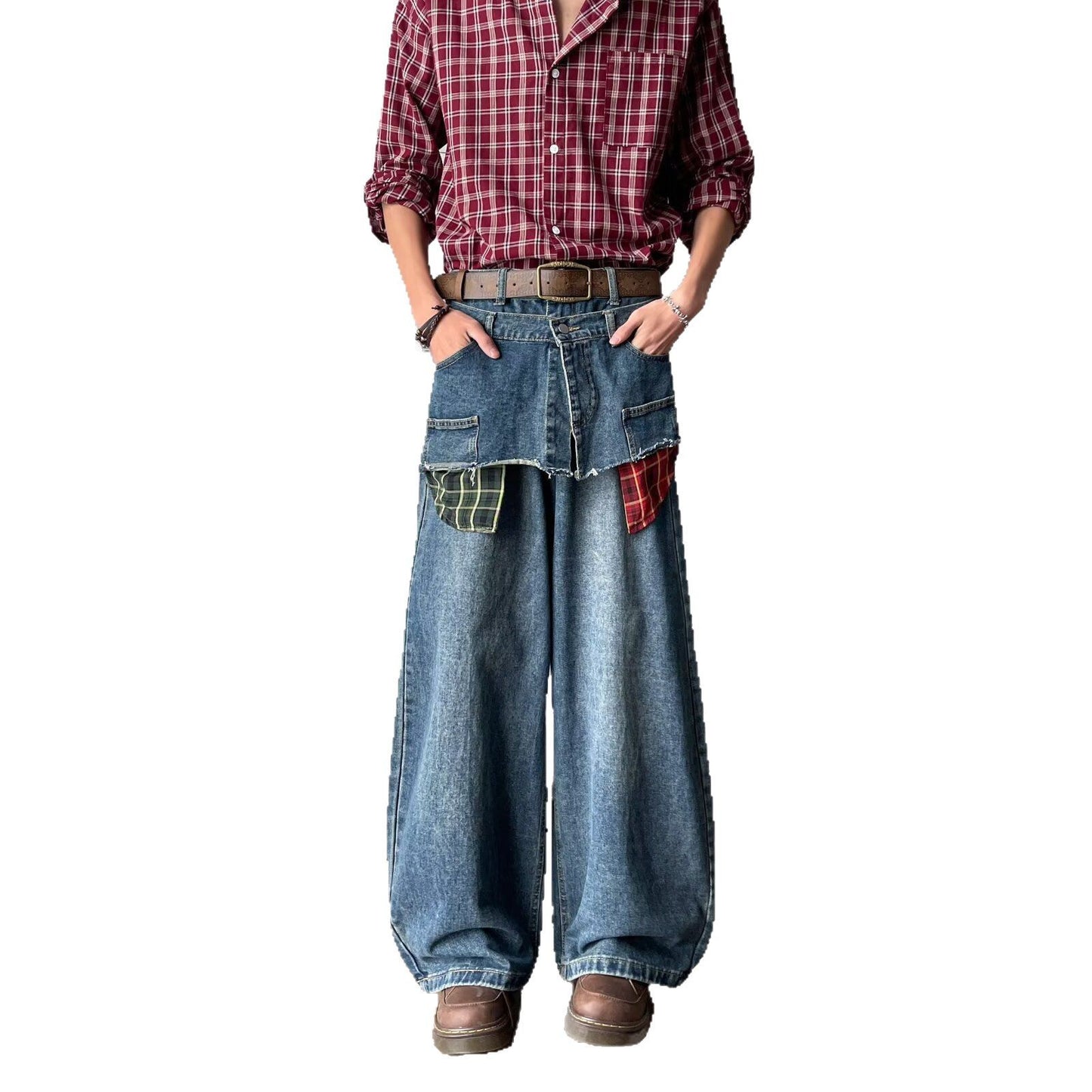 Retro Fake Two-Piece Checkered Patchwork Jeans for Men - Summer Style