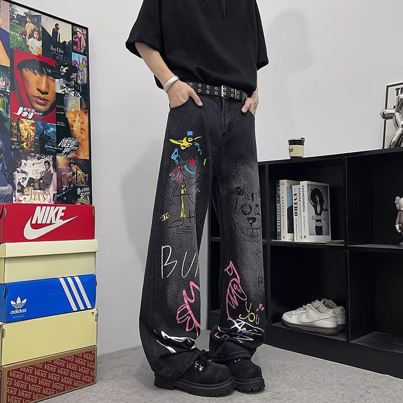 Graffiti Denim Casual Wide Leg Pants