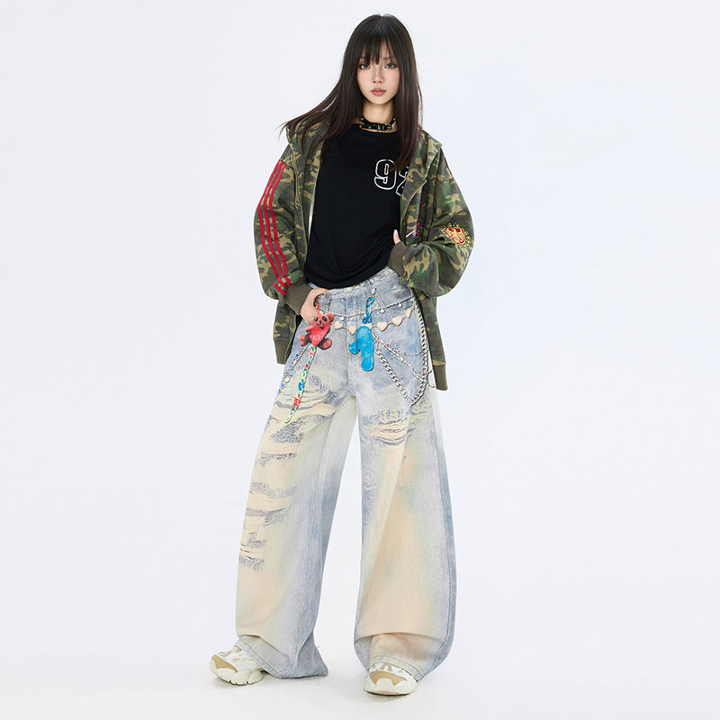 Graffiti Heart Bear Chain Curved Knife Pants - High Street Loose Wide Leg Jeans for Women