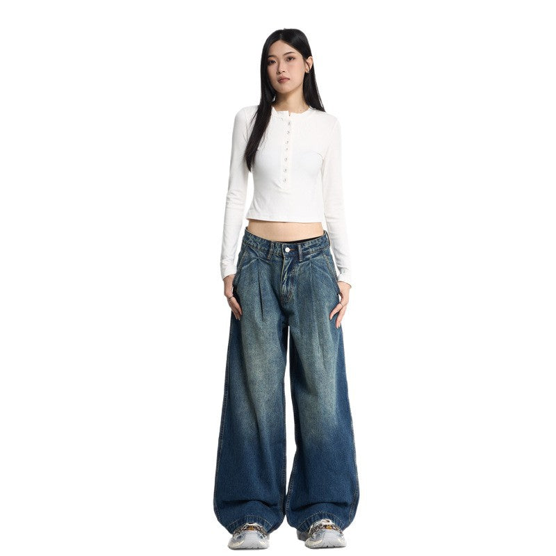 Pleated Wide-Leg Loose Denim Pants - Unisex Designer Style