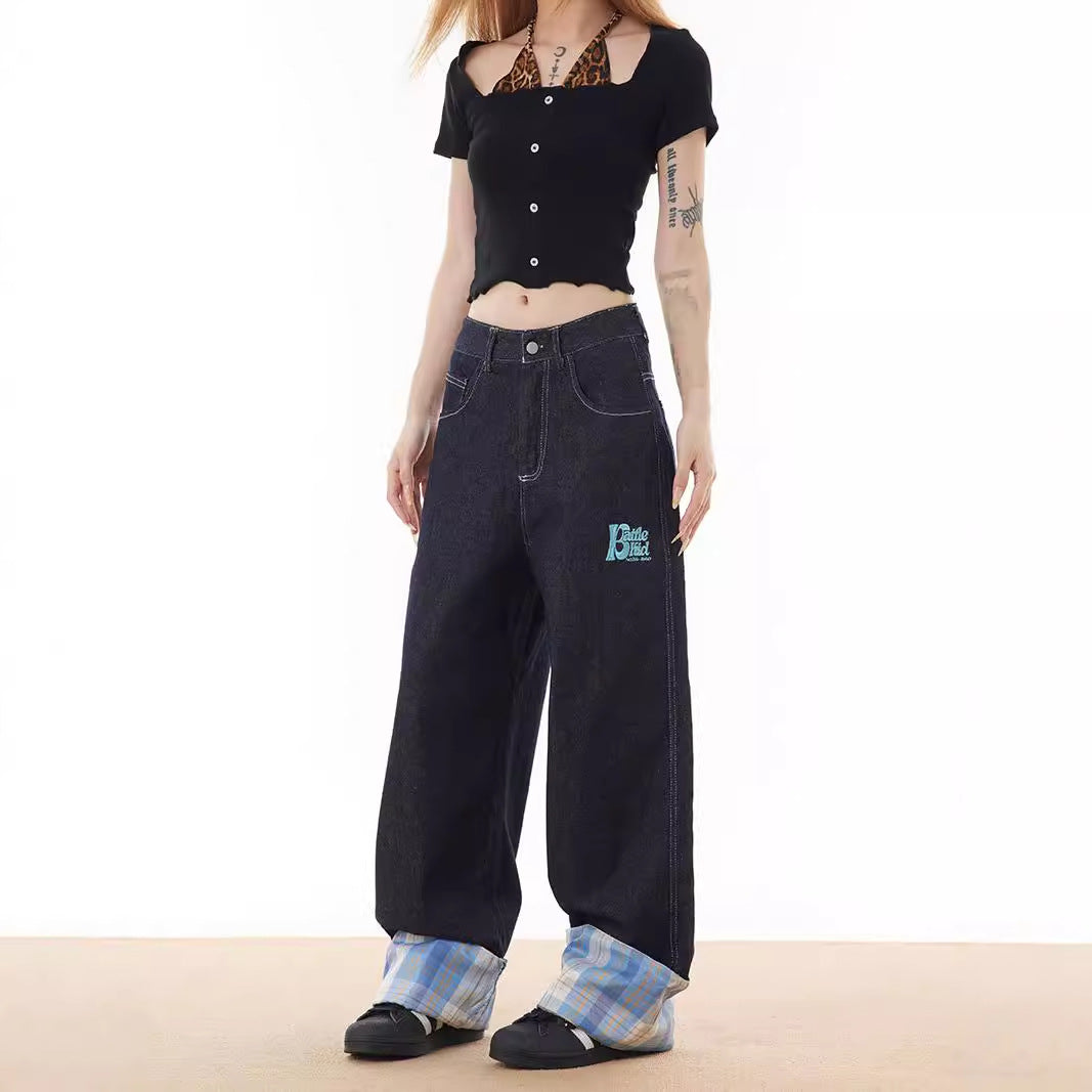 Checkered Patchwork Rolled Edge Jeans - Premium Japanese Denim