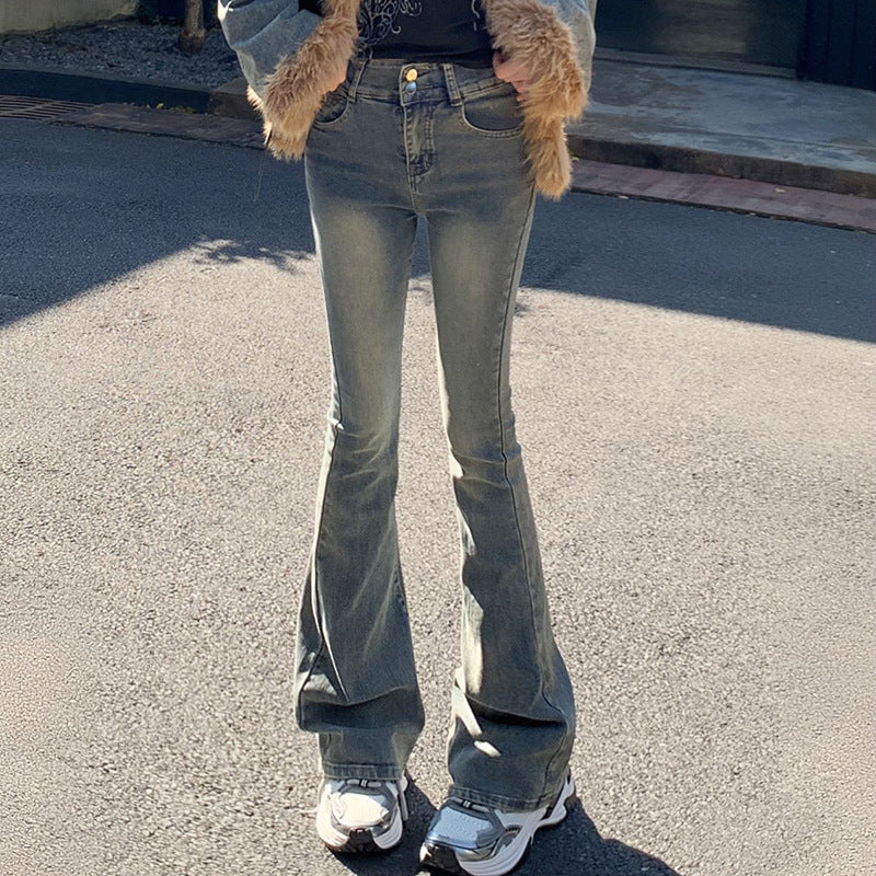 Women's Flared Jeans Double Button Elastic Fitted Versatile Flare Pants