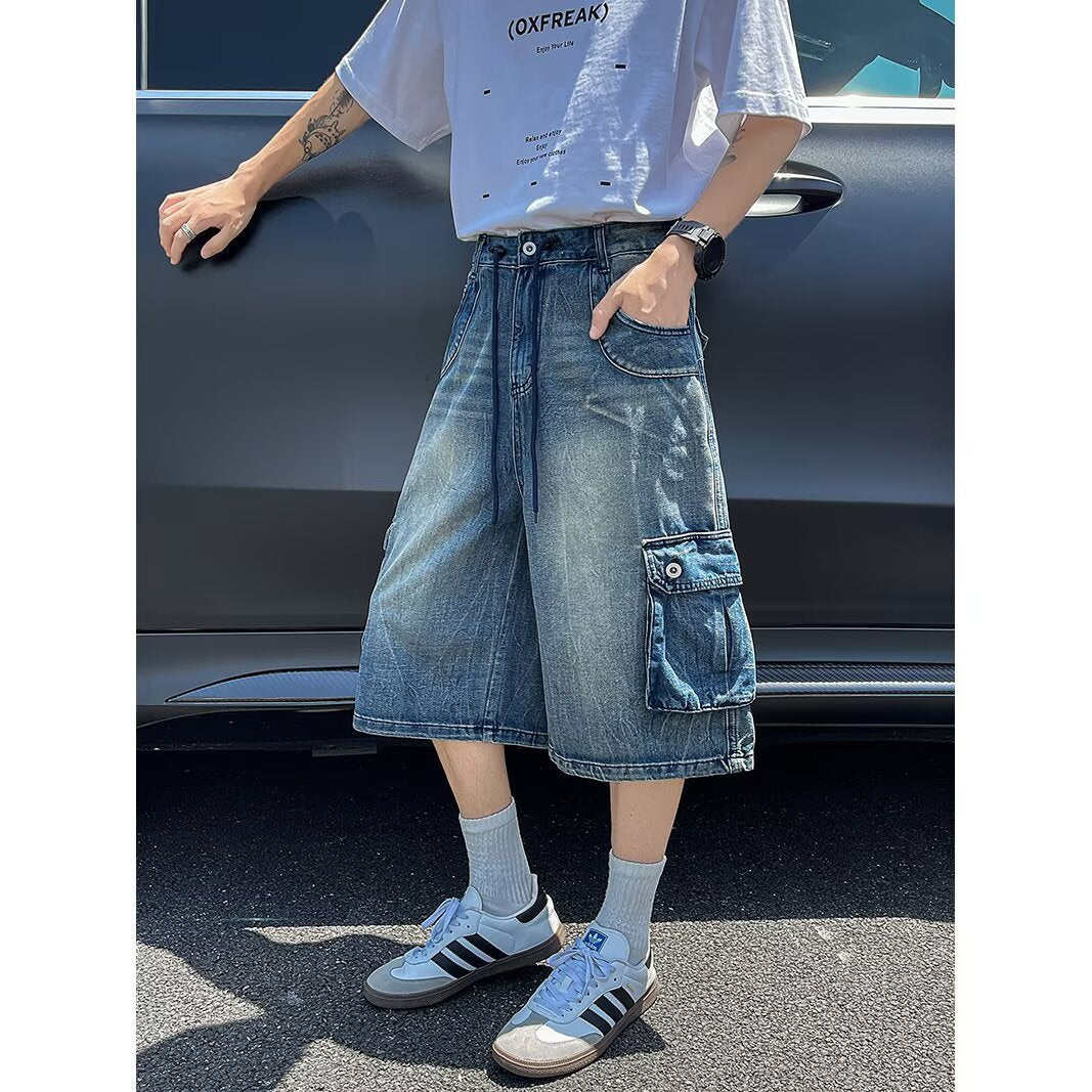 Washed Denim Seven Part Wide Leg Workwear Shorts