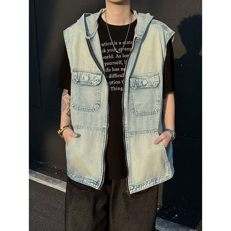 Hooded Denim Retro Loose Zipper Sleeveless Vest Jacket