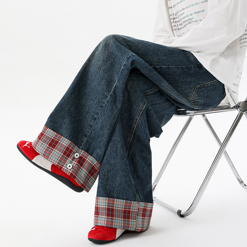 Retro Washed Dark Blue Plaid Cuffed Denim Pants - Luxury Streetwear