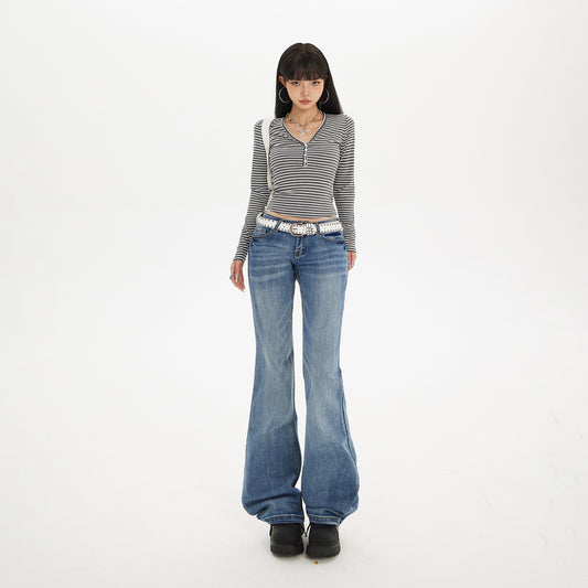Women's Retro Blue Low Waist Denim Flare Pants